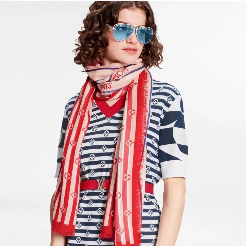 Louis Vuitton Limited Edition Striped Red Blue Monogram Scarf Pareo Shawl M76193